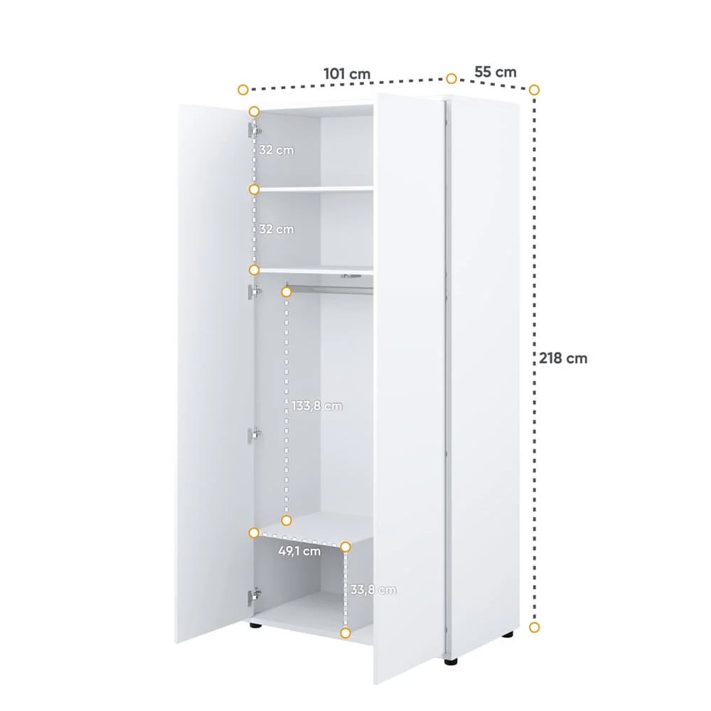 CHOICEWARDROBE Clarion 2-door hinged wardrobe in white high gloss with internal shelves and hanging rail. Dimensions: 218cm H x 101cm W x 55cm D.