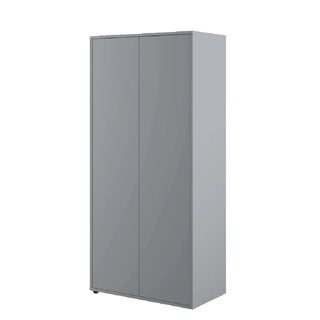 The CHOICEWARDROBE Clarion Wooden Wardrobe, a 101cm grey 2-door unit with a hanging rail and shelves, features a modern minimalist design and stands against a white background.