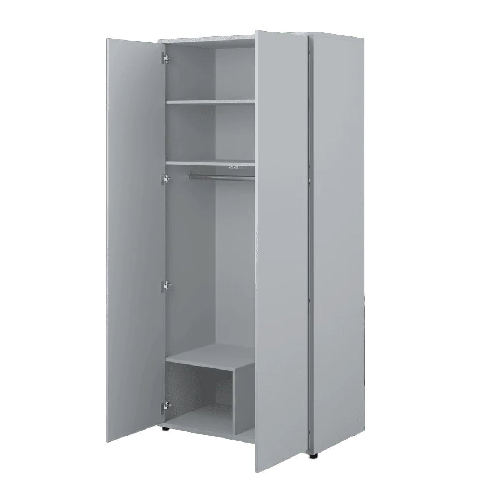 CHOICEWARDROBE Clarion 2 door grey hinged wardrobe with open doors showing hanging rail and shelves