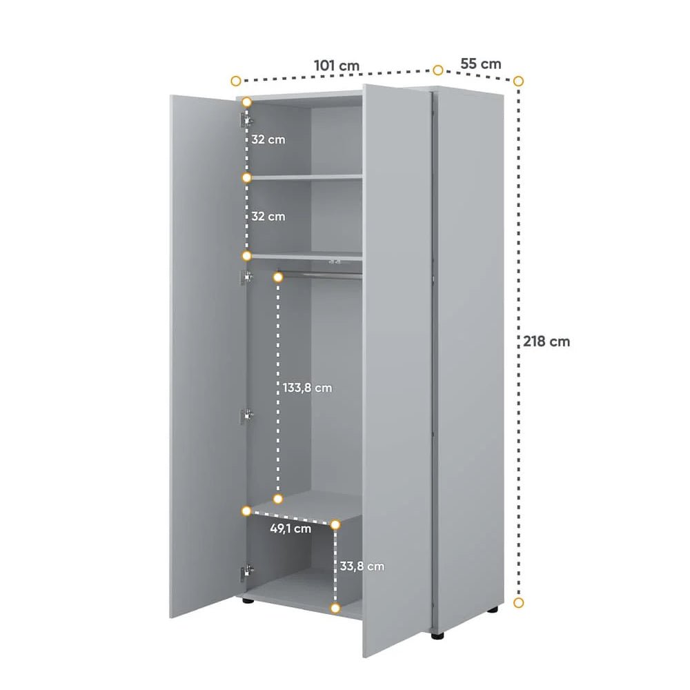 Grey 101cm wide CHOICEWARDROBE Clarion wardrobe with 2 doors, hanging rail, and shelves.