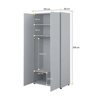 The CHOICEWARDROBE Clarion Wooden Wardrobe is a modern grey 2-door unit (218x101x55cm) with a tall hanging rail, two upper shelves, and one lower shelf—perfect for versatile bedroom storage in a compact minimalist design.
