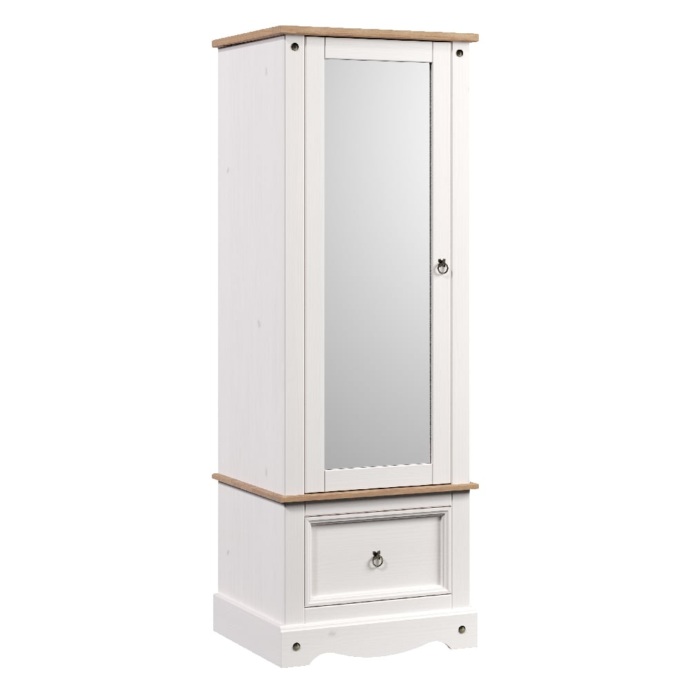 Compact white and oak single wardrobe with a mirrored door and a drawer.