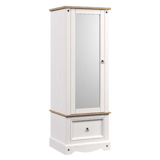 Consett 1 Door 1 Drawer Mirrored Wardrobe in White & Oak – Compact single wardrobe with mirror and storage drawer