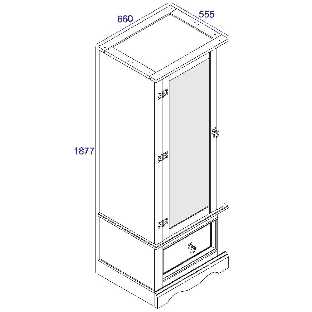 1 door mirrored wardrobe diagram with drawer, 66cm width, 187.7cm height, 55.5cm depth