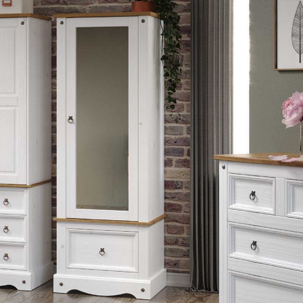 CHOICEWARDROBE Consett single door mirrored wardrobe in white and oak finish with drawer.