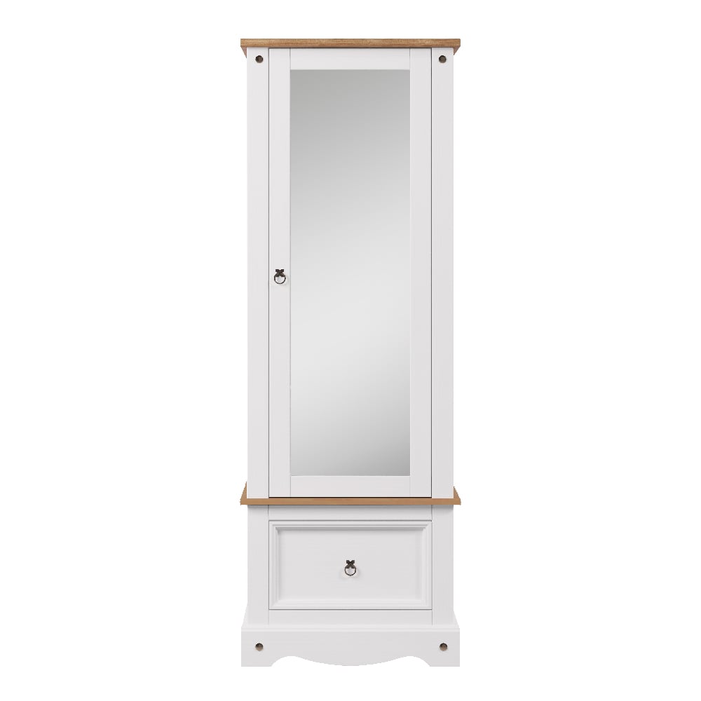 White and oak single door mirrored wardrobe with a drawer
