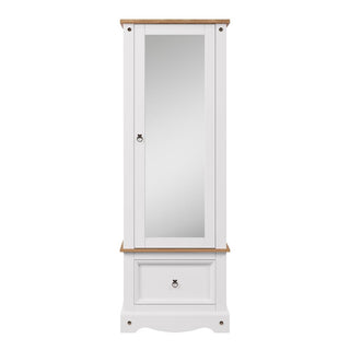 Side view of Consett 1 Door Mirrored Wardrobe – slim white & oak wardrobe with hanging space and lower drawer