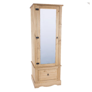 The CHOICEWARDROBE Consett 1 Door Mirrored Wardrobe in natural waxed pine features a rustic solid wood design, black metal hinges, a mirrored door, and a handy bottom drawer—perfect for stylish bedroom storage.