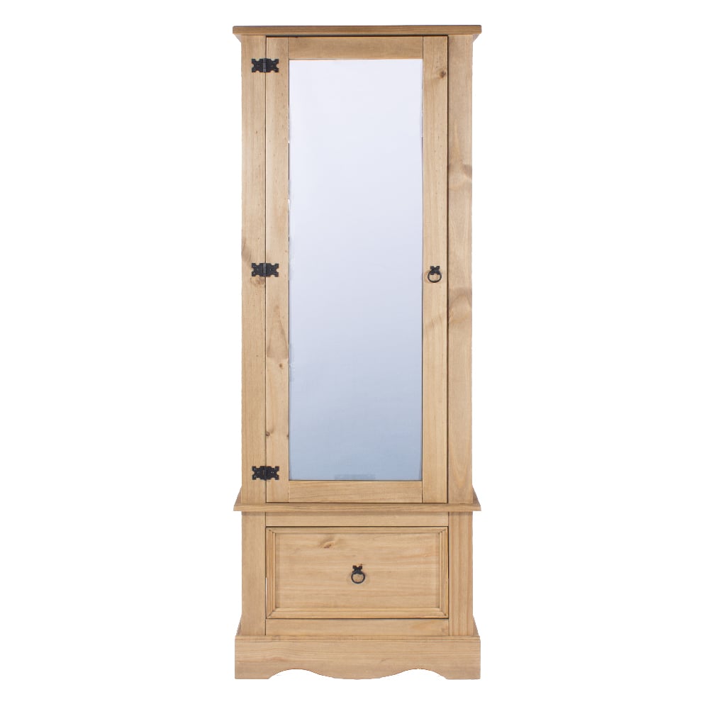 Consett single door mirrored pine wardrobe with rustic black hinges and bottom drawer.