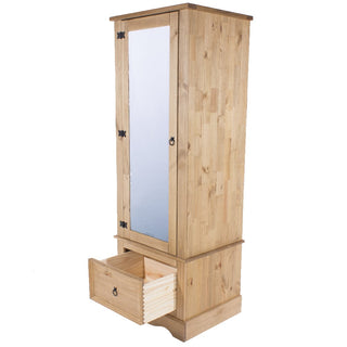 The CHOICEWARDROBE Consett 1 Door Mirrored Wardrobe in natural waxed pine features rustic solid wood, a mirrored door, black metal hinges and handles, plus a bottom drawer—ideal for adding stylish storage to your bedroom.