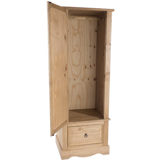 The CHOICEWARDROBE Consett 1 Door Mirrored Wardrobe in natural waxed pine features rustic solid wood, a drawer with black metal hinges, and stylish grain patterns—ideal for bedroom storage with a modern touch.