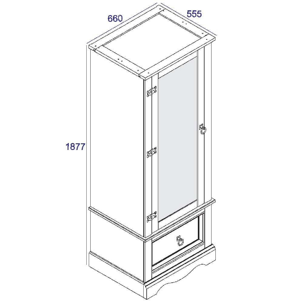 CHOICEWARDROBE Consett mirrored wardrobe in natural waxed pine with one door and a drawer. Dimensions 1877x660x555mm.