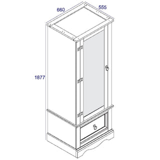Line drawing of the CHOICEWARDROBE Consett 1 Door Mirrored Wardrobe—Natural Waxed Pine, rustic solid wood with a bottom drawer and black metal hinges. Measures 1877 mm high, 660 mm wide, and 555 mm deep; perfect for bedroom storage.