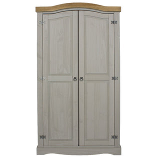 The CHOICEWARDROBE Consett 100cm Grey & Oak Wooden 2 Door Wardrobe features paneled doors, metal hinges, round handles, and a curved top edge in natural oak, with the rest painted light grey for a rustic country-style look.