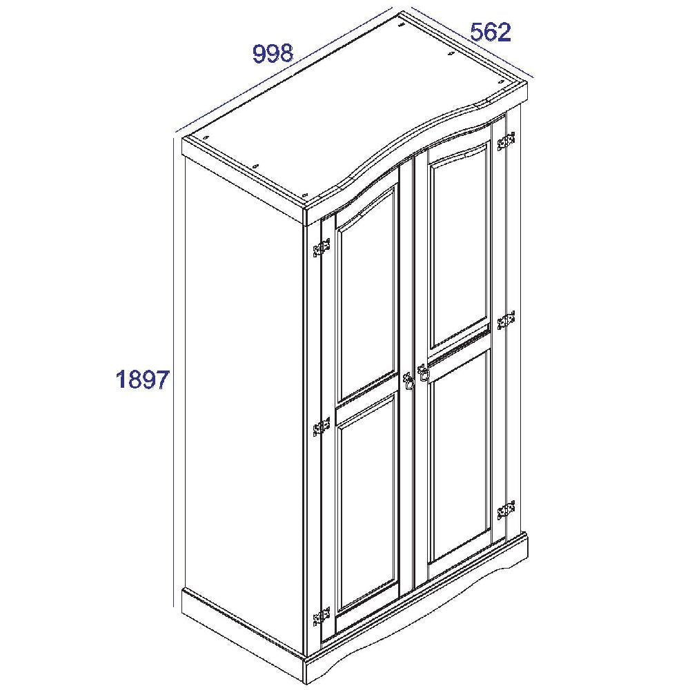 CHOICEWARDROBE Consett 100cm Grey & Oak 2 door wardrobe technical line drawing. H1897mm x W998mm x D562mm.