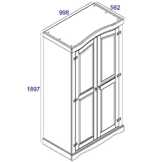 Black and white line drawing of the CHOICEWARDROBE Consett 100cm Grey & Oak Wooden 2 Door Wardrobe featuring decorative paneling and curved top. Dimensions: H1897 mm x W998 mm x D562 mm. Rustic country style with a hanging rail.
