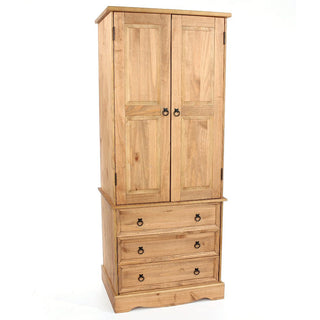The CHOICEWARDROBE Consett wardrobe boasts a rustic farmhouse design in solid pine, with two doors, three drawers, a hanging rail, black metal handles, and a natural wood finish to enhance your space.
