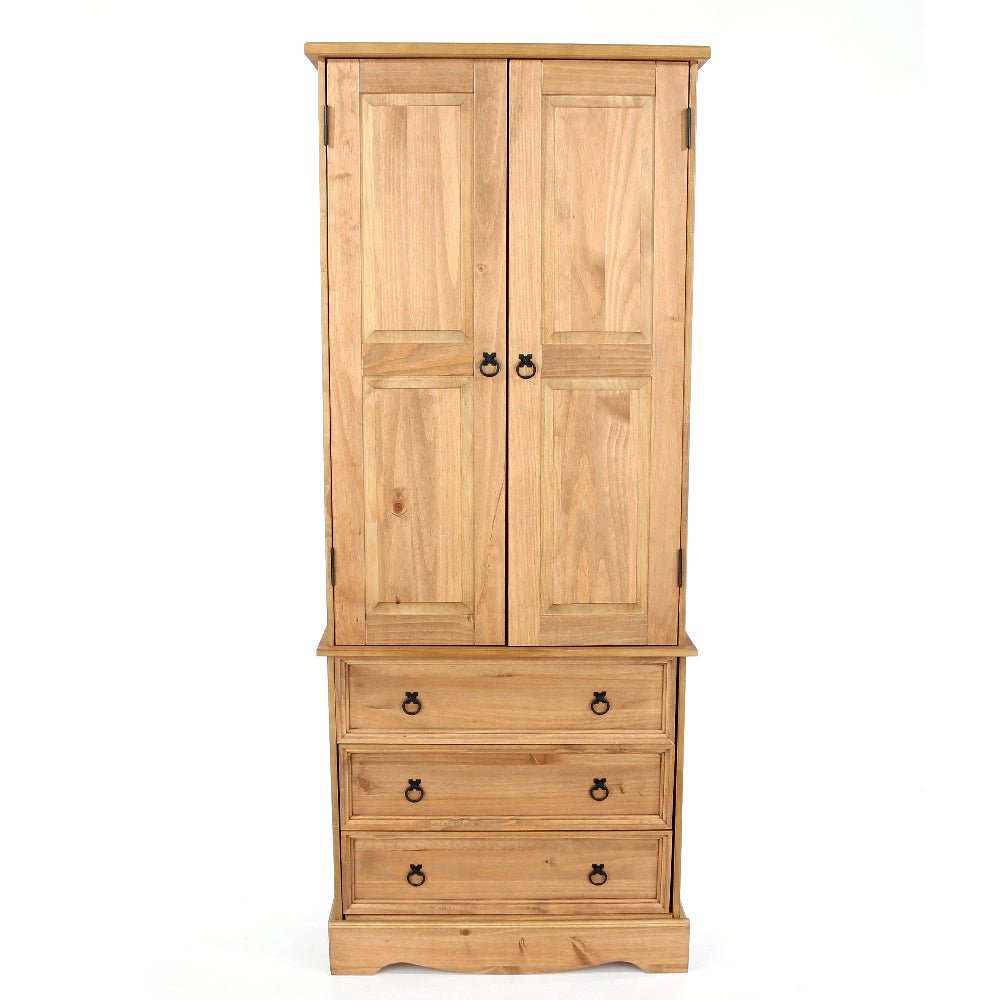 CHOICEWARDROBE Consett 2 door 3 drawer solid pine wardrobe, rustic farmhouse style with black handles.