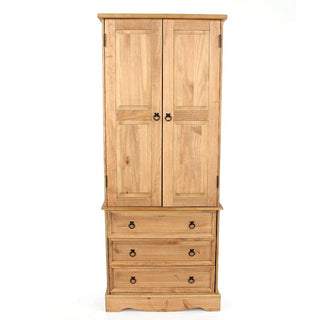 The CHOICEWARDROBE Consett 2 Door 3 Drawer Solid Pine Wooden Wardrobe features a rustic farmhouse design with a hanging rail and black metal handles, shown against a plain white background.