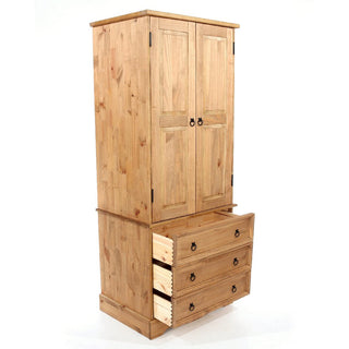 The CHOICEWARDROBE Consett 2 Door 3 Drawer Solid Pine Wardrobe features a rustic farmhouse design, natural finish, hanging rail, and black metal handles for added charm. Perfect for stylish storage with two doors above and three drawers below.