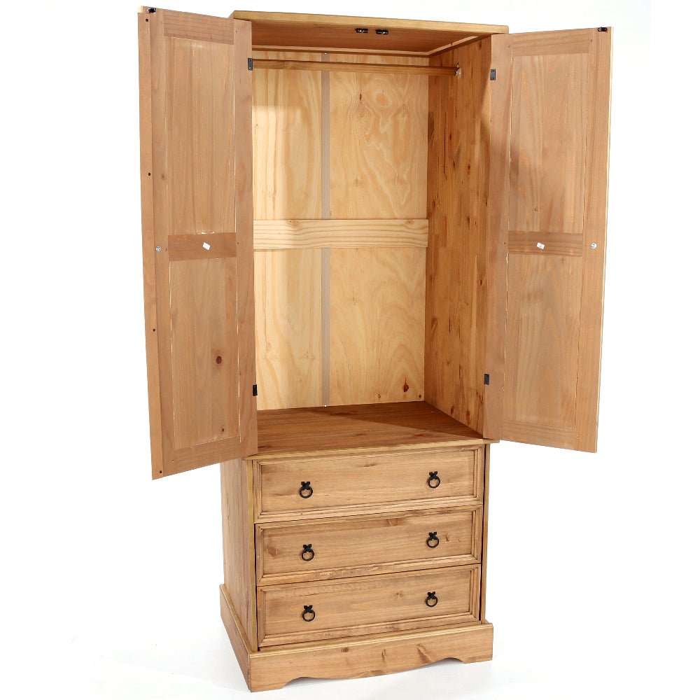 Two-door, three-drawer solid pine wardrobe in light oak finish with black metal handles, rustic farmhouse design.