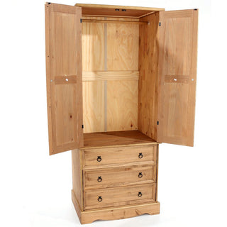 The CHOICEWARDROBE Consett 2 Door 3 Drawer Solid Pine Wooden Wardrobe features a rustic farmhouse design in light pine, with double doors opening to an empty upper compartment with a hanging rail and three drawers below, all with black metal handles.