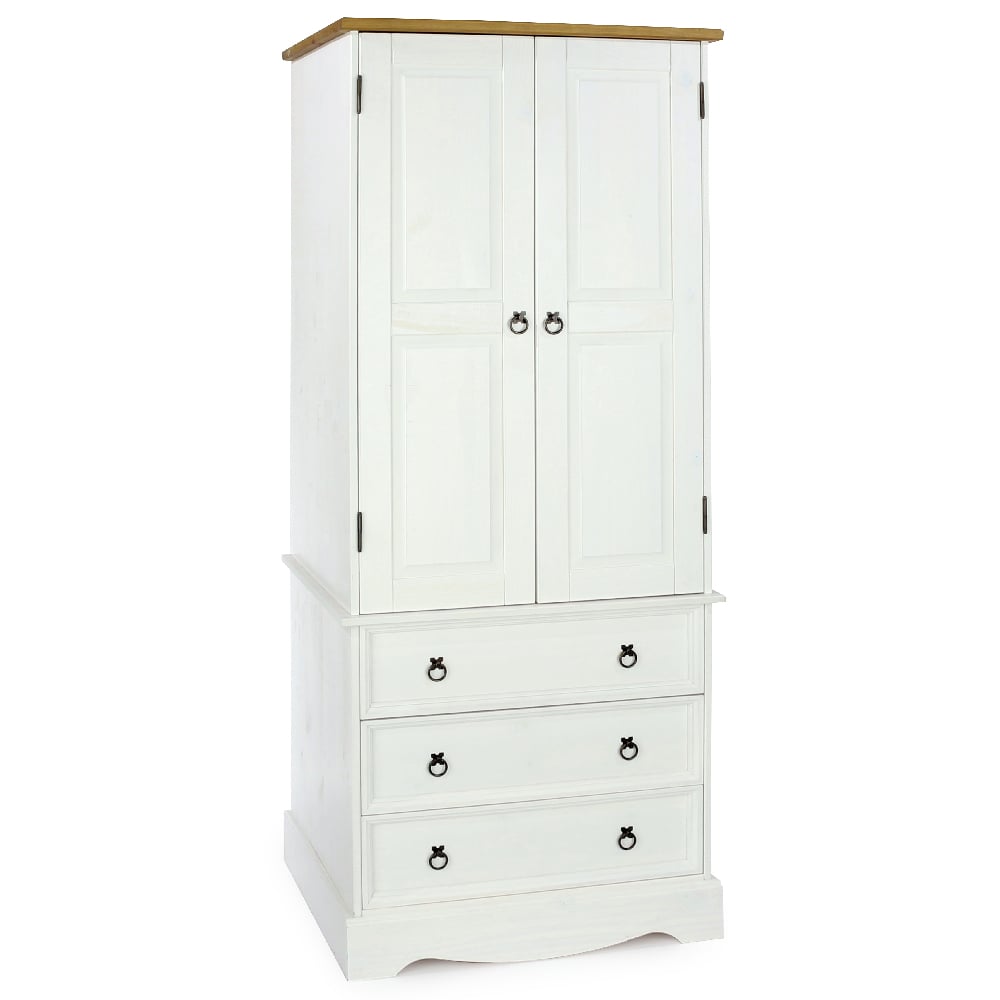 White wooden wardrobe with 2 doors and 3 drawers, oak-effect top, black ring handles