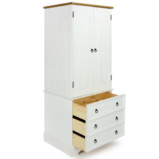 The CHOICEWARDROBE Consett 2 Door 3 Drawer Wooden Wardrobe in white and oak finish offers classic farmhouse bedroom storage, featuring two upper doors, three lower drawers with black ring handles, and a stylish natural oak top.