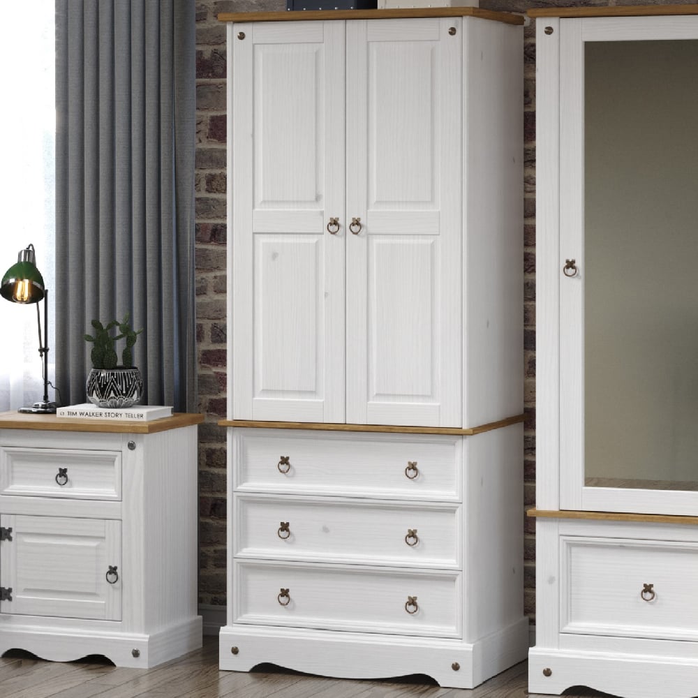 CHOICEWARDROBE Consett white and oak 2-door, 3-drawer wooden wardrobe with round metal handles.