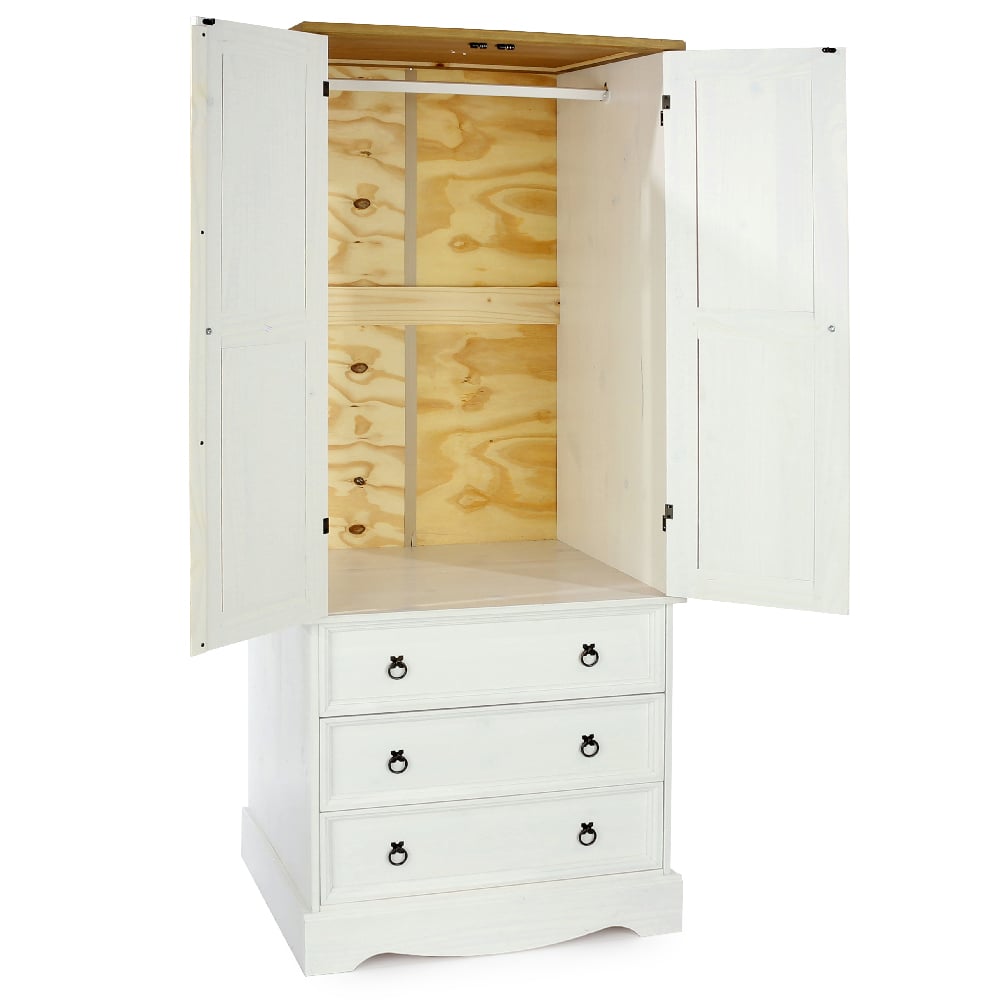CHOICEWARDROBE Consett white and oak wooden wardrobe with 2 doors and 3 drawers open