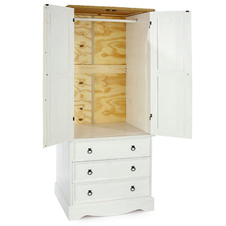 The CHOICEWARDROBE Consett 2 Door 3 Drawer Wooden Wardrobe in White & Oak Finish features open doors revealing an empty interior with a hanging rod above three drawers with black ring handles, perfect for classic farmhouse bedroom storage.