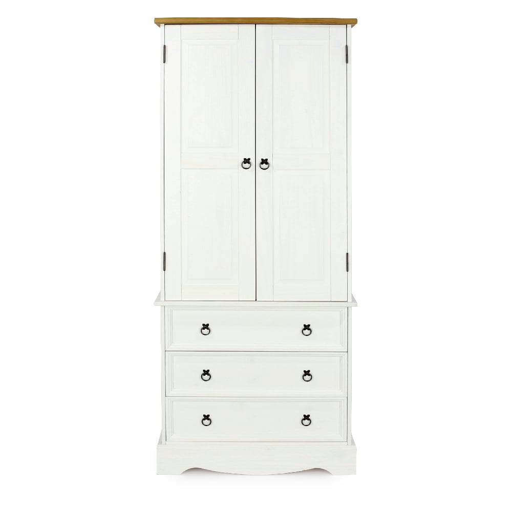 White 2 door, 3 drawer wooden wardrobe with oak top and black ring handles