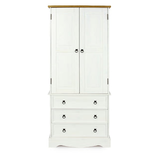 The CHOICEWARDROBE Consett 2 Door 3 Drawer Wooden Wardrobe in white with an oak finish features paneled doors above, three drawers with black metal ring handles below, and a natural oak top—adding classic farmhouse charm to your bedroom.