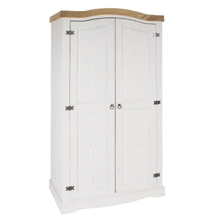 The CHOICEWARDROBE Consett 2 Door Wooden Wardrobe (100cm) features a white and oak finish, classic curved top, rustic metal hinges, and simple functional design—perfect for stylish storage.