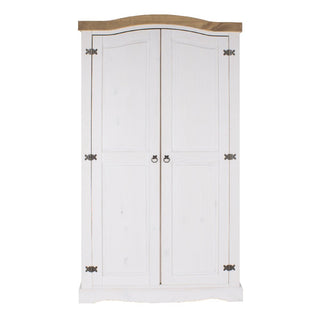 The CHOICEWARDROBE Consett 2 Door Wooden Wardrobe features a 100cm white & oak finish, classic curved top design, rustic metal hinges, and small round handles.