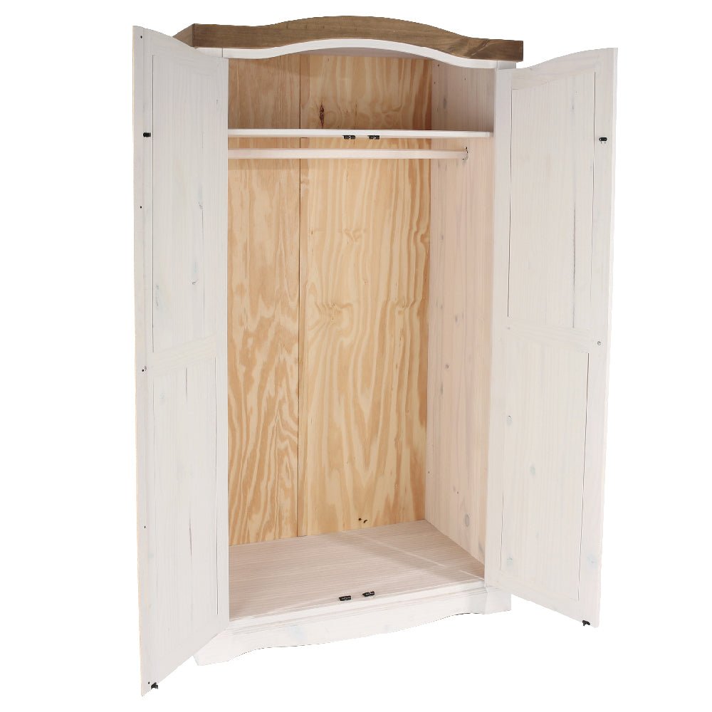CHOICEWARDROBE Consett 100cm 2-door wardrobe, white & oak finish, open to show wooden interior and hanging rail.