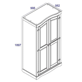 3D line drawing of the CHOICEWARDROBE Consett 2 Door Wooden Wardrobe, 100cm wide in white & oak finish with a curved top and rustic metal hinges; dimensions: height 1897mm, width 998mm, depth 562mm. Door handles and hinges are visible.