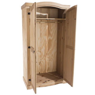 A CHOICEWARDROBE Consett 2 Door Wooden Wardrobe in natural pine finish features a rustic design with a curved top, metal hinges, and spacious interior storage with a hanging rail and upper shelf. Width: 100cm.