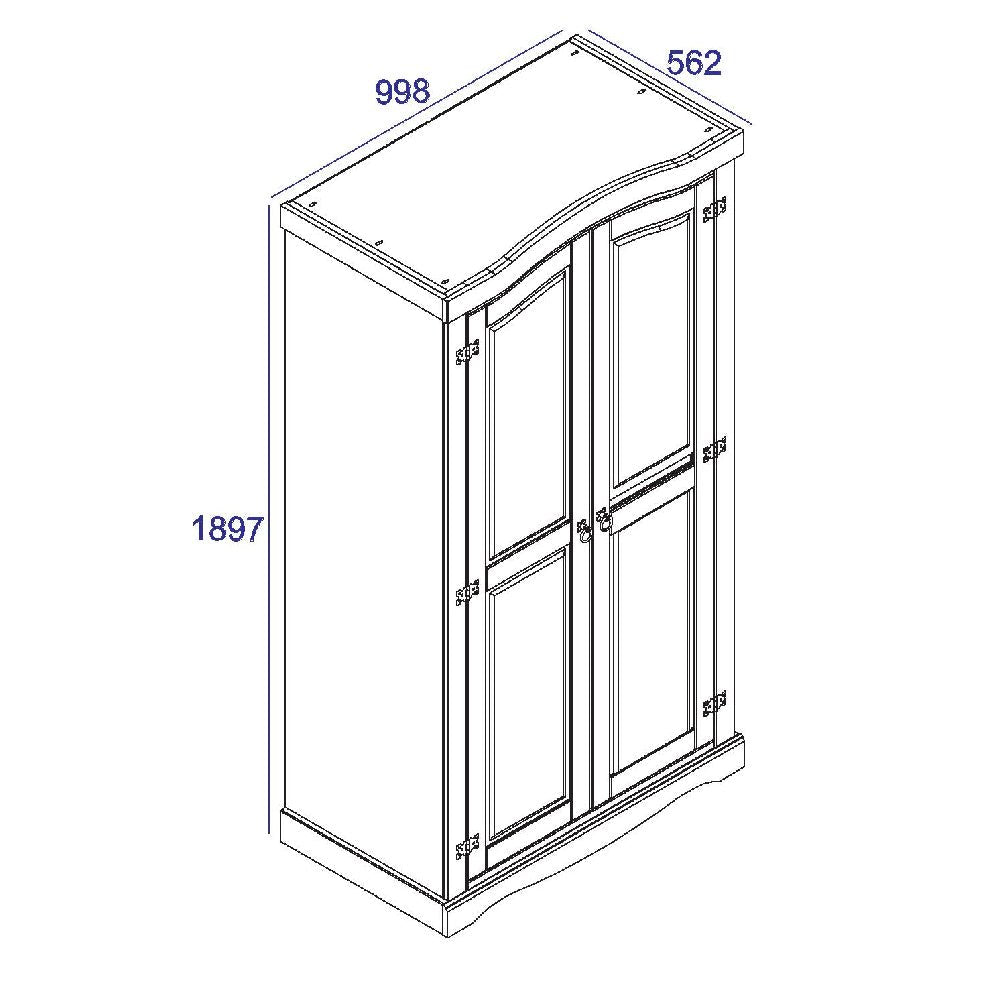 Line drawing of CHOICEWARDROBE Consett two-door wooden wardrobe with curved top, 189.7cm H x 99.8cm W x 56.2cm D.