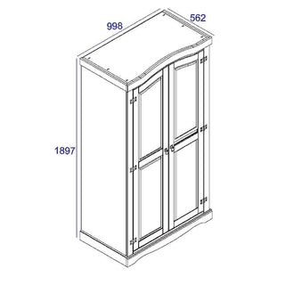 Line drawing of a CHOICEWARDROBE Consett 2 Door Wooden Wardrobe in natural pine finish with curved top and metal hinges, labeled: height 1897 mm, width 1000 mm, depth 562 mm. No color or extra details shown.