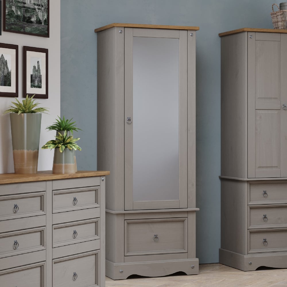 Grey & oak 60cm mirrored wardrobe with single drawer.