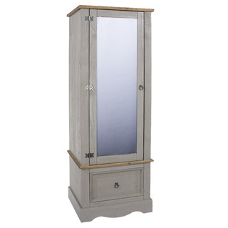 The CHOICEWARDROBE Consett 60cm Grey & Oak Mirrored Wardrobe features a single door with a mirror, metal hinges, round handle, plus a wood-finished base and top. The bottom drawer offers added bedroom storage with a matching handle.