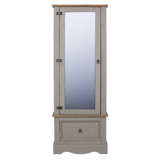 The CHOICEWARDROBE Consett 60cm Grey & Oak Wooden 1 Door Mirrored Wardrobe with Drawer is a tall, compact unit featuring light grey paint, metal handles, natural wood trim, and a single bottom drawer—perfect for stylish bedroom storage.