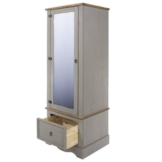 The CHOICEWARDROBE Consett 60cm Grey & Oak Wooden 1 Door Mirrored Wardrobe with Drawer features a mirrored door, metal hinges, and a spacious bottom drawer for compact, rustic bedroom storage with an unfinished wooden interior.