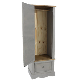 The CHOICEWARDROBE Consett 60cm Grey & Oak Wooden 1 Door Mirrored Wardrobe with Drawer features an open hanging rod, light wood back panel, and a bottom drawer—perfect for compact and stylish rustic bedroom storage.