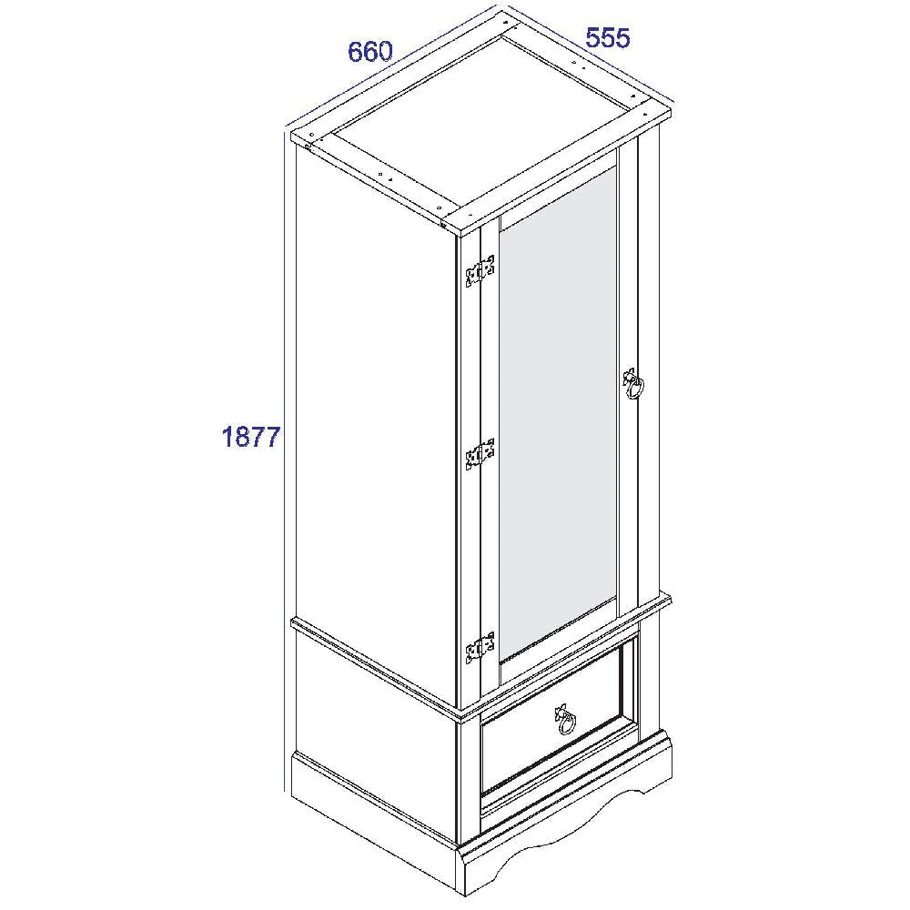Line drawing of a 1-door mirrored wardrobe with drawer, grey & oak finish, 660mm W x 555mm D x 1877mm H.