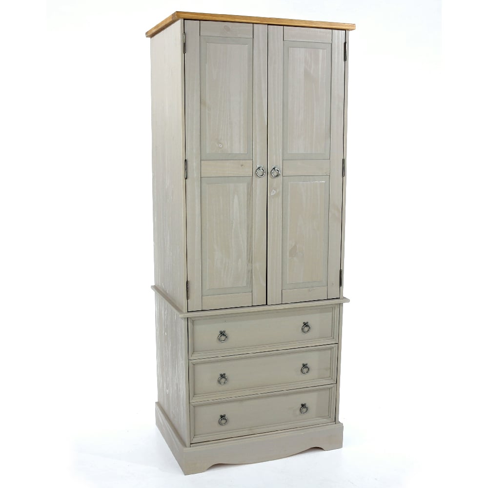 Compact grey wooden wardrobe with oak top, two doors and three drawers.