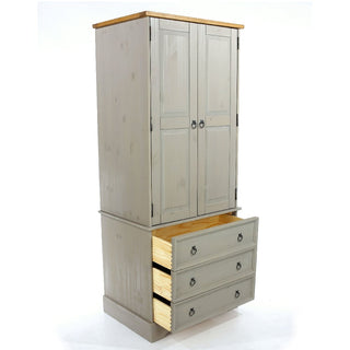 The CHOICEWARDROBE Consett Wooden Wardrobe features 2 doors and 3 drawers in grey with an oak top. Its compact 76.5cm design provides versatile storage, with double doors above and three drawers below for easy organization.
