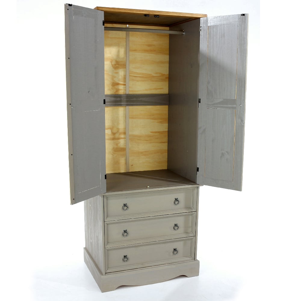 CHOICEWARDROBE grey wooden wardrobe with oak top, 2 doors, 3 drawers, open view showing hanging rail.
