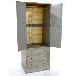 The CHOICEWARDROBE Consett Wooden Wardrobe features 2 doors and 3 drawers in grey with an oak top, compact at 76.5cm. It has a base with three metal ring-handled drawers and an interior hanging rod behind its open doors.